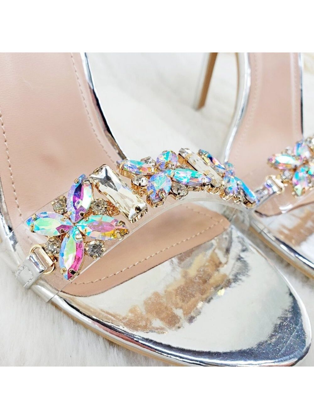 Jeweled Toe Strap High Heel Sandal Shoes Silver - Picture 7 of 10